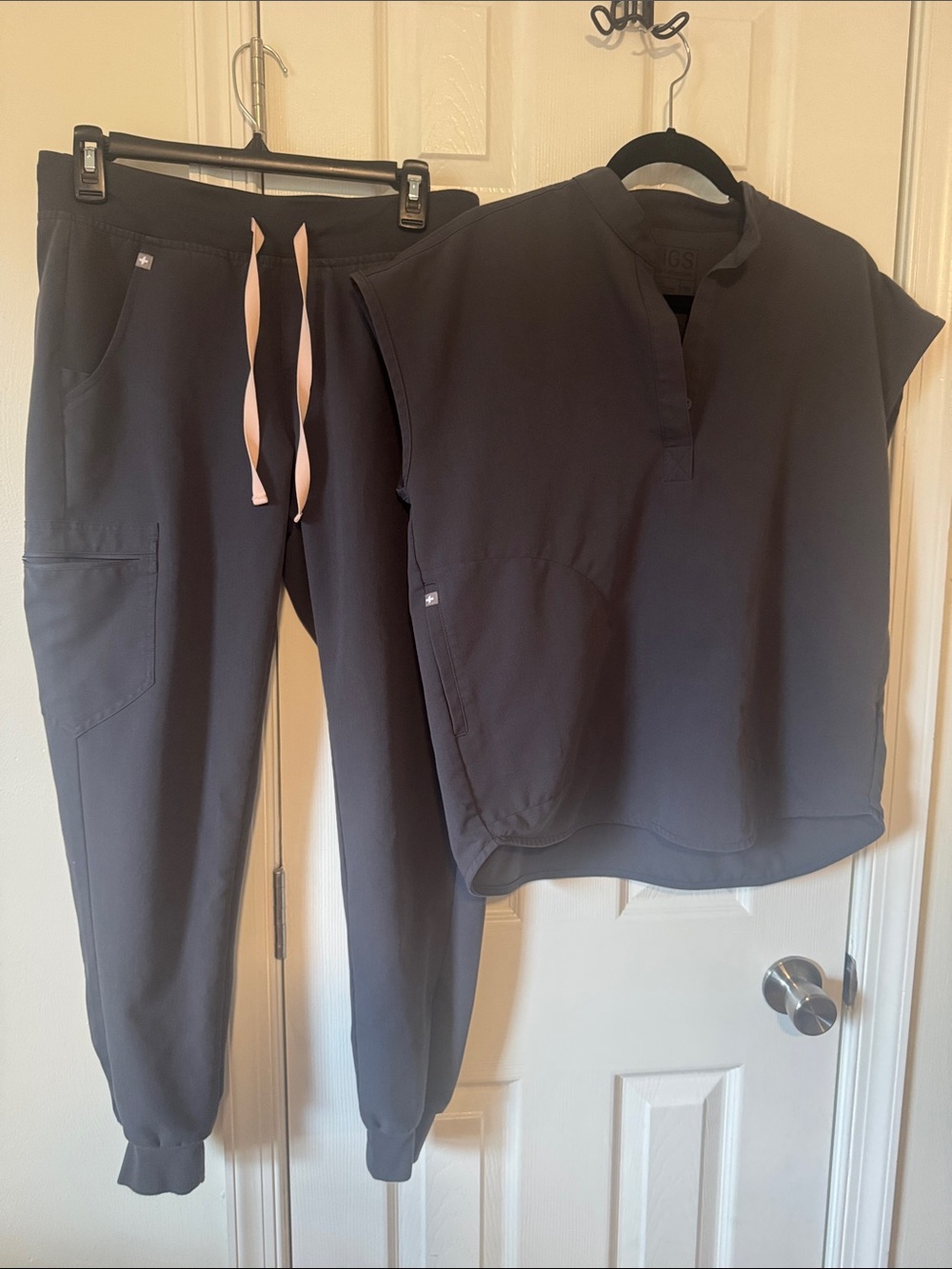 Charcoal Grey Scrub Set with Neutral Drawstring